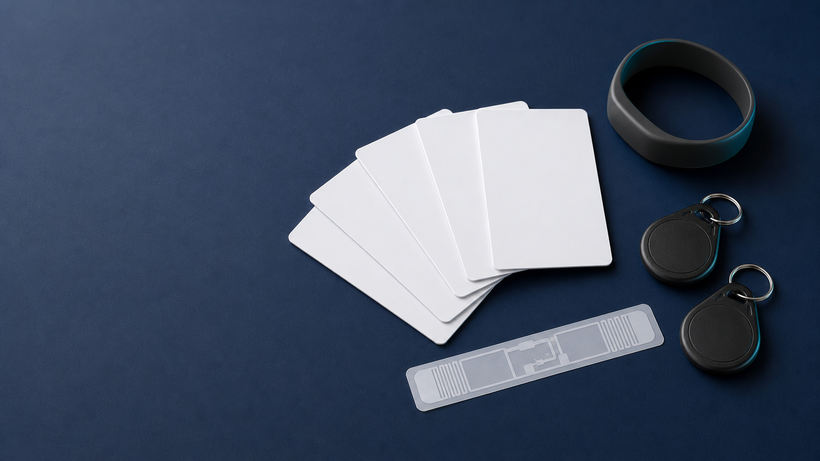 An arrangement of RFID smart cards, a wristband, key fobs and a UHF RFID inlay on a deep navy surface