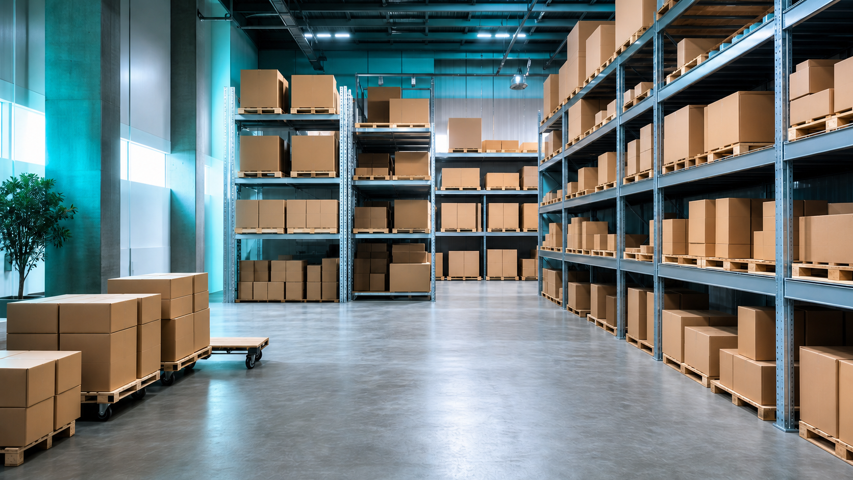 A clean, organized distribution warehouse with orderly shelving and packaged stock